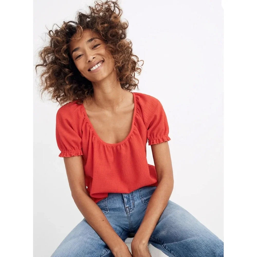 Madewell Red Puff Sleeve Ruffle Cuff Scoop Neck Top XS